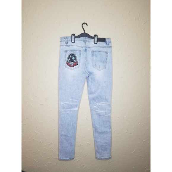 AMIRI - Thrasher Skinny-Fit Appliquéd Distressed Denim Jeans - Blue Size 34/32 - Picture 3 of 5